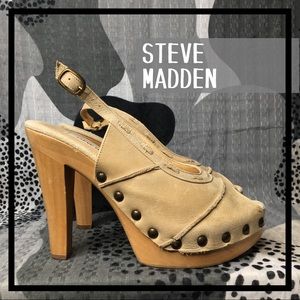 Steve Madden Ladies Tan Peep Toe Wood Heels